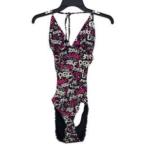 Ingear Women's Y2K Black Pink Hippie Peace Love Strappy Open‎ Back Swimsuit L